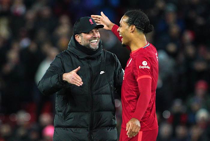 Jurgen Klopp (left) and Virgil van Dijk pictured congratulating each other following a 6-0 win over Leeds in February 2022